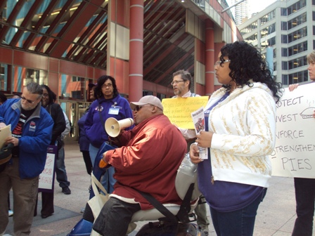 crowd gathered outside of Thompson Center in Chicago Illinois. Rally for supports for people with disabilities