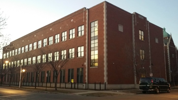 Outside the building of Ella Flagg Young Elementary School