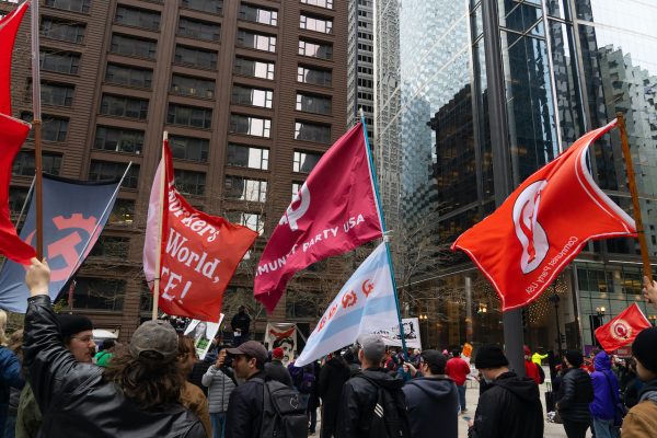 Protestors waving flags.